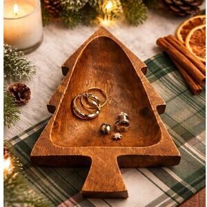 Hand Carved Wooden Tree Trinket Dish Rustic Holiday Decor